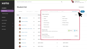 Student list is open. The cursor has clicked and opened the Data options menu where there are table columns that can be selected and added.